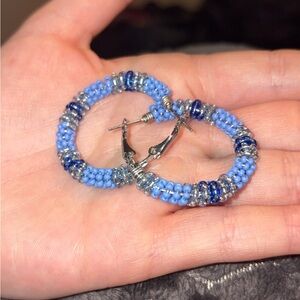 Handmade Light Blue Beaded Hoop Earrings (Size Small)